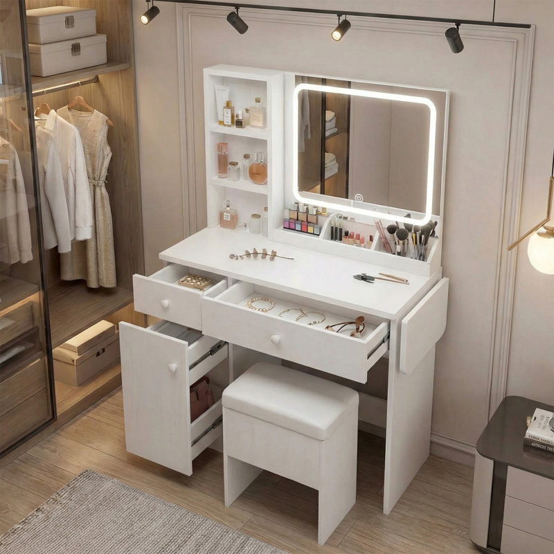 Vanity Desk Set With Led Lighted Mirror & Power Outlet, Makeup Table Top with 3 Open Bookcases, 3 Cubbies, 2 Drawers, Dresser Table for Bedroom, Checkroom