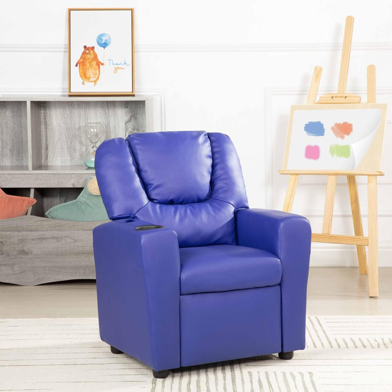 Roomy Kids' Recliner Chair with Cup Holder, Toddler Recliner With Push-Back Design, and Adjustable Footrest, Navy PVC