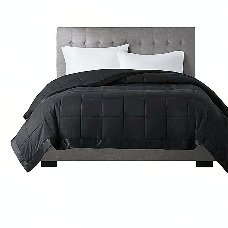 Couverture légère en duvet synthétique avec bordure en satin noir très grand, Très grand lit, Noir