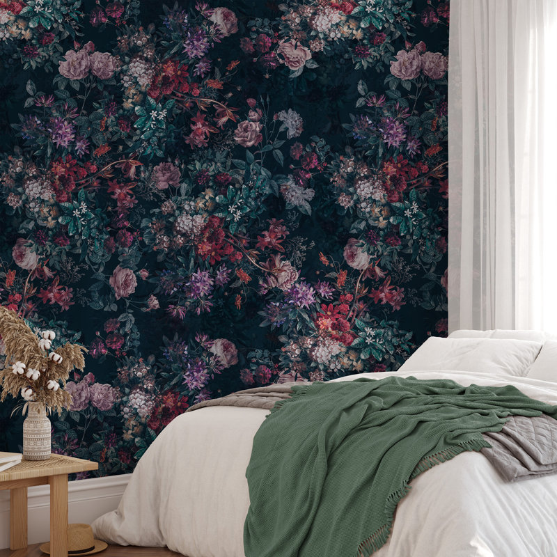 Papier peint adhésif luxueux à motif floral foncé Ercilia, L 10 pi x l 2 pi