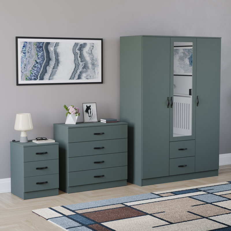 Maybery 3 Piece Bedroom Set (3 Drawer Bedside Chest, 4 Drawer Chest, 3 Door 2 Drawer Mirrored Wardrobe), (5), Green