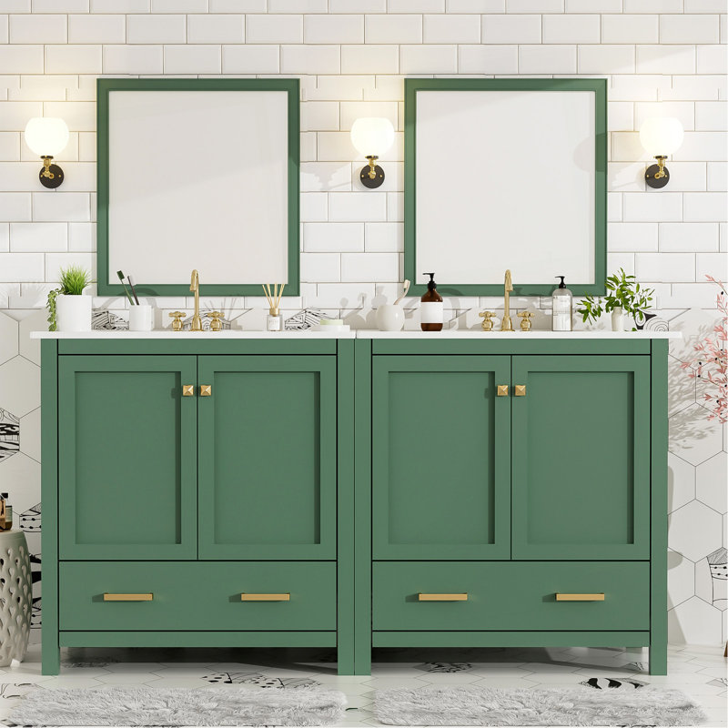 Ensemble de meuble-lavabo vert 60 po avec double meuble-lavabo (séparé), double lavabo en céramique, tablette de rangement et tiroirs séparés (miroir non inclus) - Solution de salle de bain moderne pour salles de bain spacieuses