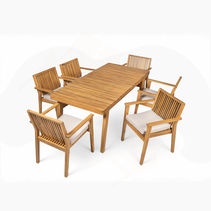 Ensemble de meubles de patio 7 pièces en bois d'acacia durable et 6 chaises rembourrées robustes, Naturel