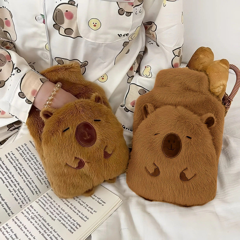 Mignon ballon d'eau chaude Capybara en peluche avec couvercle souple, sac d'eau chaude réutilisable 1000 ml