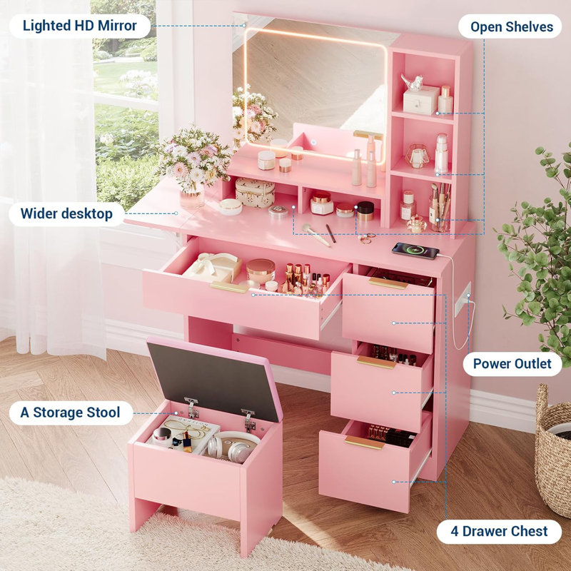 Vanity Desk with Mirror and Lights