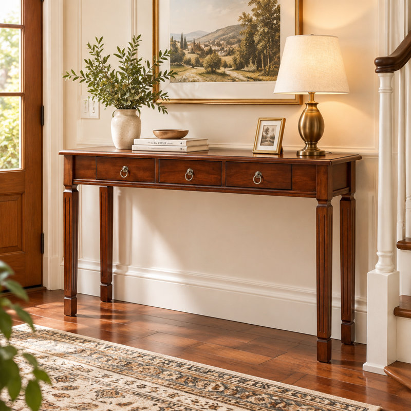 Console traditionnelle en bois, table d'entrée de 120 cm de long avec 3 tiroirs de rangement, plateau en placage à chevrons et pieds cannelés, table d'appoint en noyer pour couloir ou salon