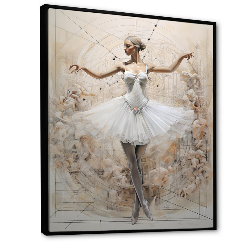 Dessin schématique blanc d'une ballerine sur toile, H 40 po x l 30 po x P 1,5 po, Cadre flottant noir