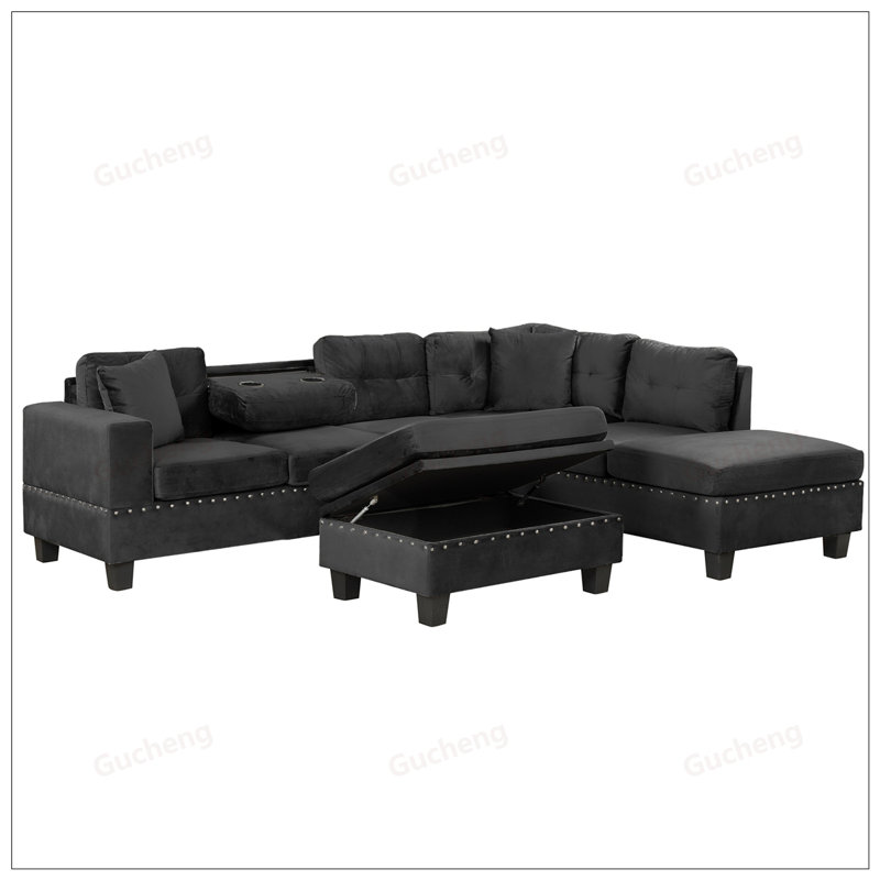 Canapé modulaire de 105 pouces avec repose-pieds avec rangement, canapé en L avec 2 coussins et porte-gobelets, méridienne réversible pour le salon