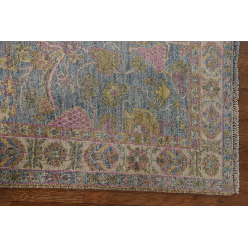 Tapis bleu en laine noué à la main de conception unique 3 pi 10 po x 4 pi 11 po New Age