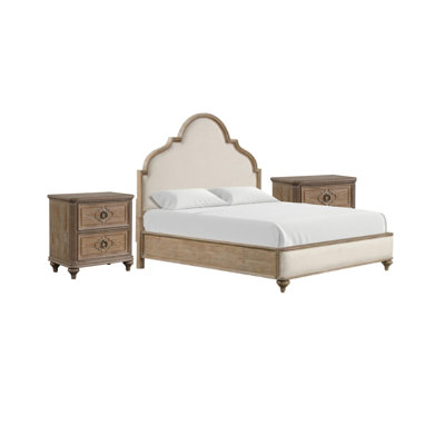 Ensemble de chambre à coucher pour très grand lit 3 pièces, brun chêne rustique, ivoire, bois doré, 2 tables de chevet