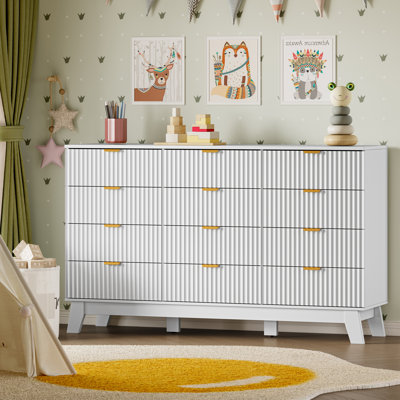 Fluted 12-Drawer Dresser for Bedroom,57"Wide Chest of Drawers With  Metal Handle，Sturdy table legs，Large Storage Dresser for Living Room