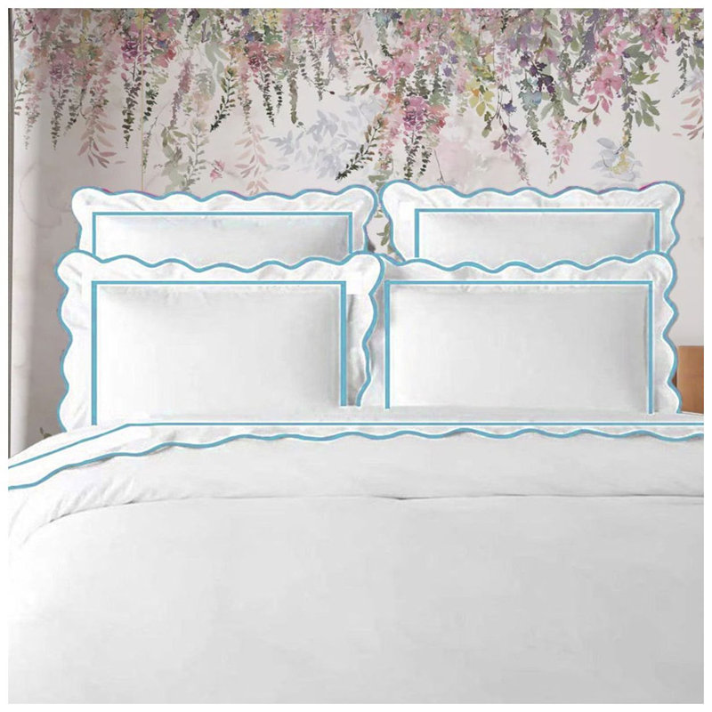 400TC Cotton Scallop Embroidery & Border Sateen Solid Duvet Cover Set, Oversize King Duvet Cover, White/Light Blue