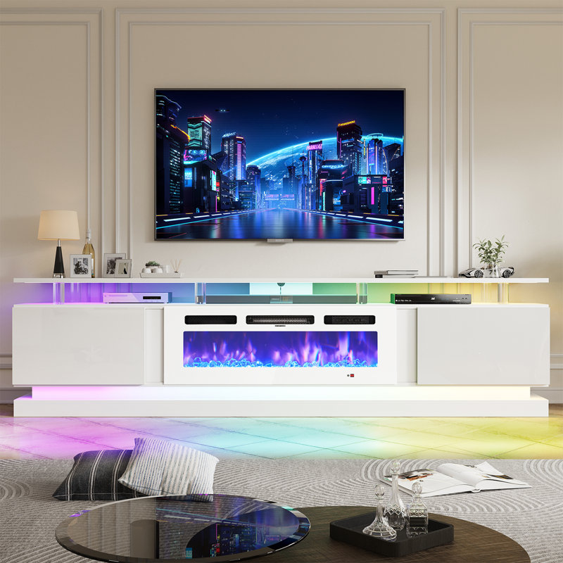 Meuble télé 80 po pour foyer électrique avec 12 couleurs de flamme, DEL de synchro musicale, chaleur réglable, pour téléviseurs jusqu'à 90