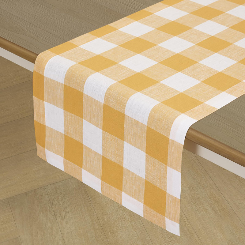 Buffalo Check - 100% Pure Linen Table Runner, 48" x 14", Mustard/White
