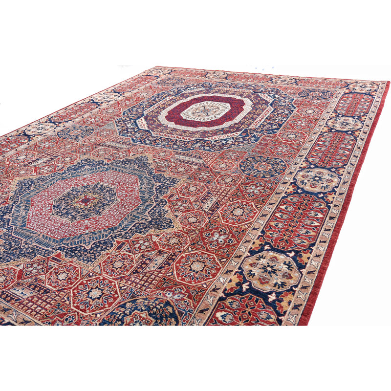 Hand Knotted Wool Area Rug in Red And Navy