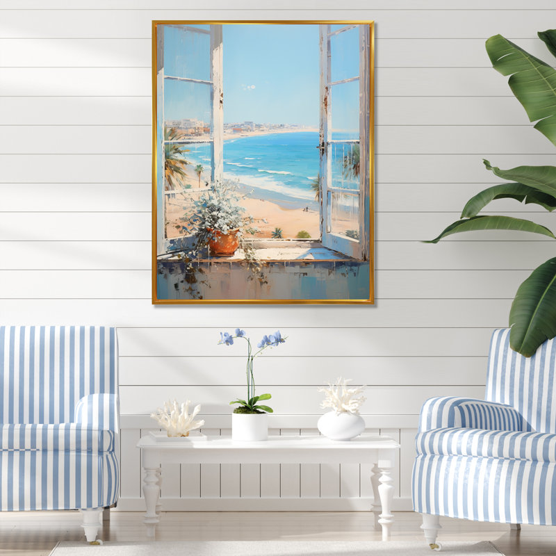 «California Shoreline Window View III - Coastal Windows», art mural, Cadre flottant doré, 60" H x 28" W