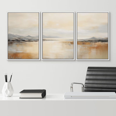 Mountains And Rivers " Golden Hour Lake View Reflective Mountain Landscape Illustration Modern Ultra " 3 Piece Art Print