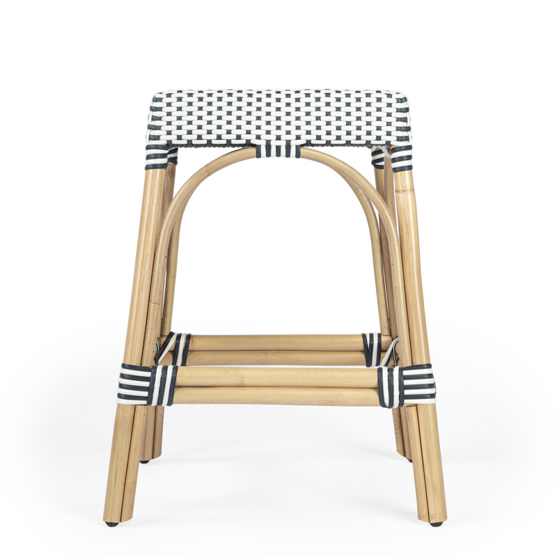 Robias Rattan Bar & Counter Stool, White/Navy Dot/ Natural Rattan Frame, Counter Stool (24.5" Seat Height)