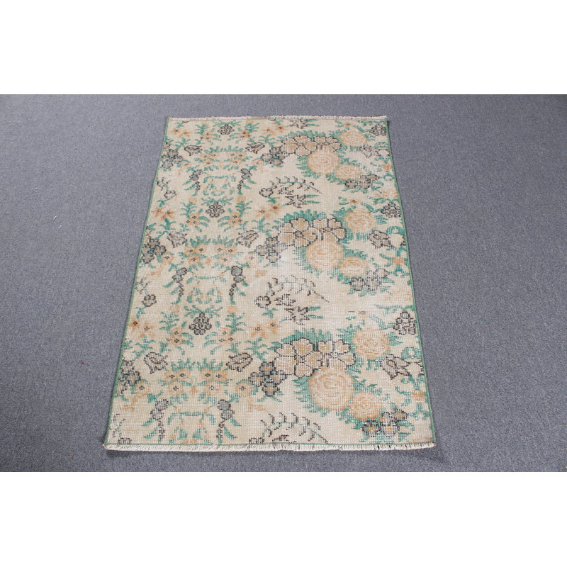 Petit tapis turc antique pour tapis de porte beige avec motif floral oriental noué à la main