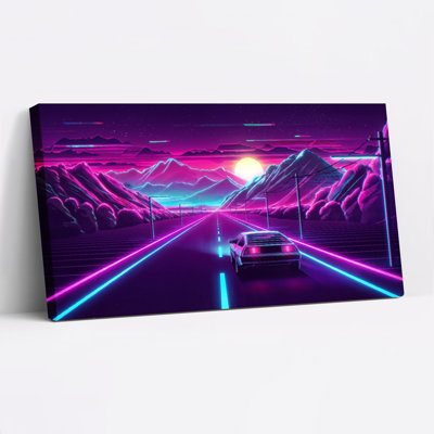 Neon Cyberpunk Road Car Landscape Canvas Wrapped Wall Art Set Of 1