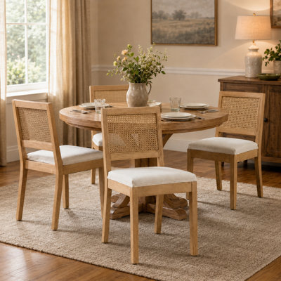 Ensemble de 4 chaises de salle à manger en rotin beige, style champêtre, dossier carré