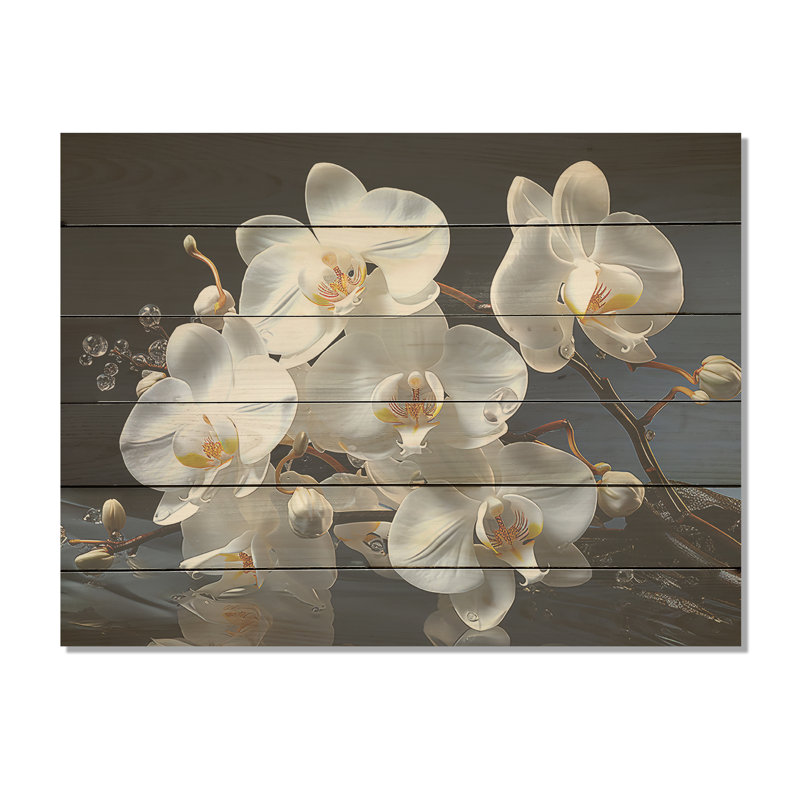 Orchidées blanches et jaunes de sérénité - Art sur bois de pin naturel, H 10 po x l 20 po