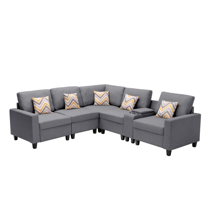 Nolan 106"W Gray Linen Fabric 6Pc Reversible Sectional Sofa With A USB, Charging Ports, Cupholders, Storage Console Table And Pillows And Interchangeable Legs