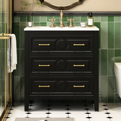 Meuble-lavabo de 76 cm avec lavabo en céramique, simple, structure en bois massif, 3 tiroirs, charnières à fermeture douce réglables, grand espace de rangement, poignée en métal doré, style rétro, polyvalent