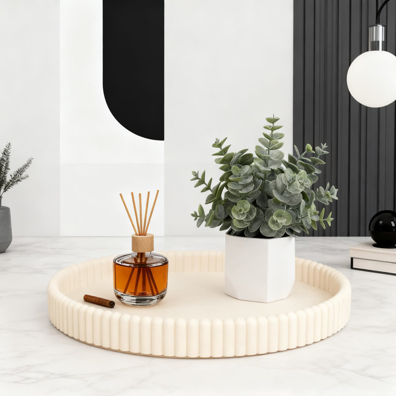 Scalloped Concrete Tray For Home Decor, Modern Oval Centerpiece Tray For Coffee Table, Living Room, And Kitchen, Beige