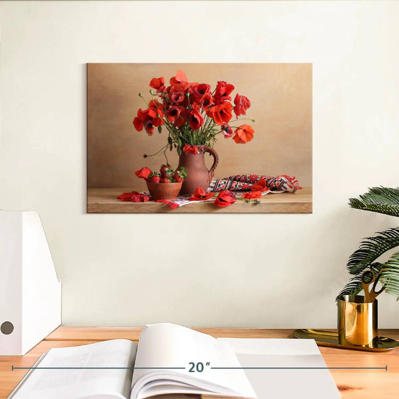 Harnek, coquelicots rouges et fraises, H 8 po x l 12 po