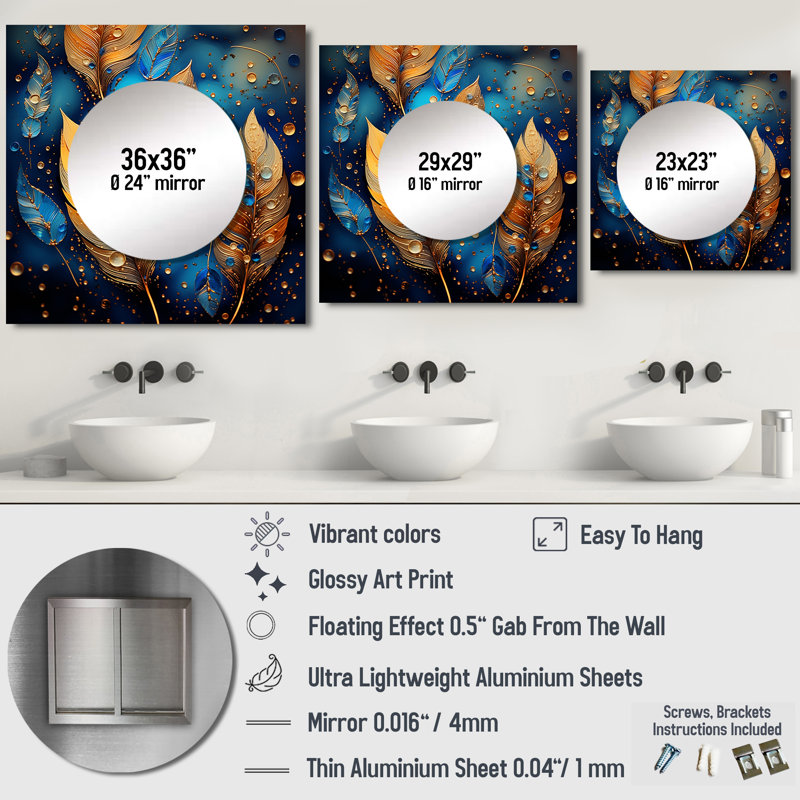 Décoration murale Boho Glam Gold Feathres On Cosmic Blue - Grand miroir carré en plumes, 29 po x 29 po