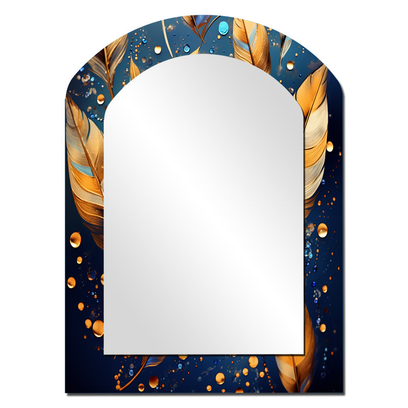 «Boho Glam Gold Feathres On Cosmic Blue I», miroir mural arqué en plumes, miroir décoratif asymétrique bleu, 34 po x 25 po