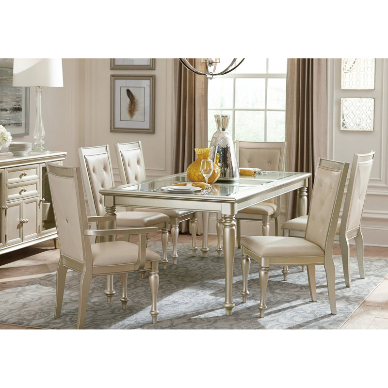 Table de salle à manger moderne avec finition argentée et insert en verre, comprend une rallonge portative pour pièce traditionnelle avec insert et réglable