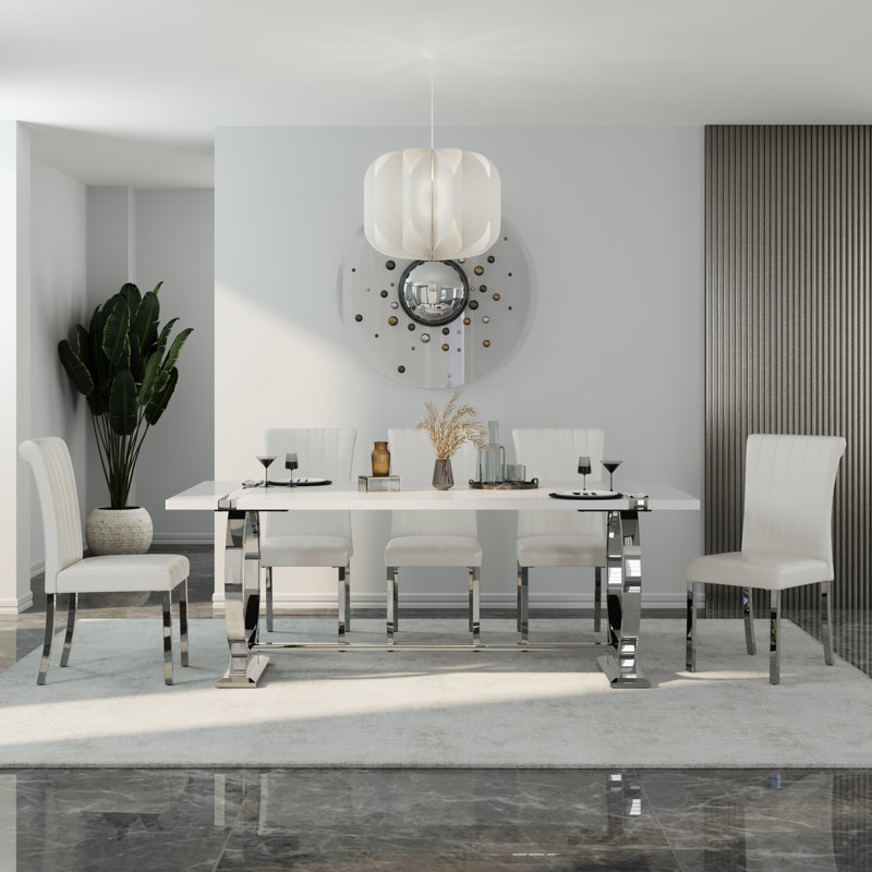 White Leather Dining Chairs With Mirrored Silver Legs Set Of 6
