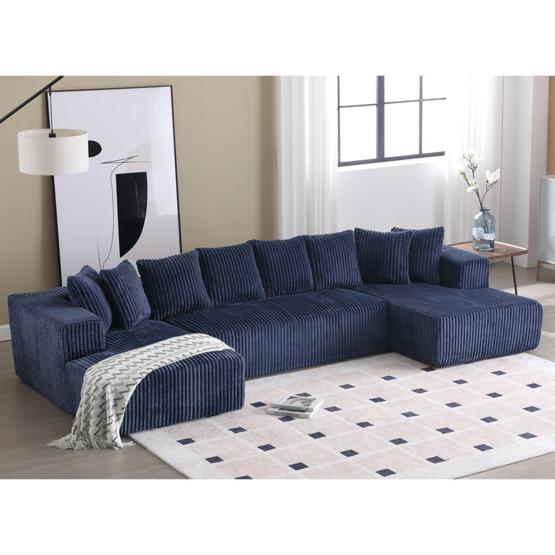 Boneless Modern Modular Oversized U-Shaped Sectional Sofa With 8 Pillows, Blue Corduroy