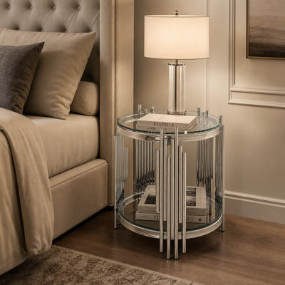 Table de bout ronde 1 pièce en verre et métal argenté avec plateau en verre trempé rond 17,72 x 17,72 x 21,65 po