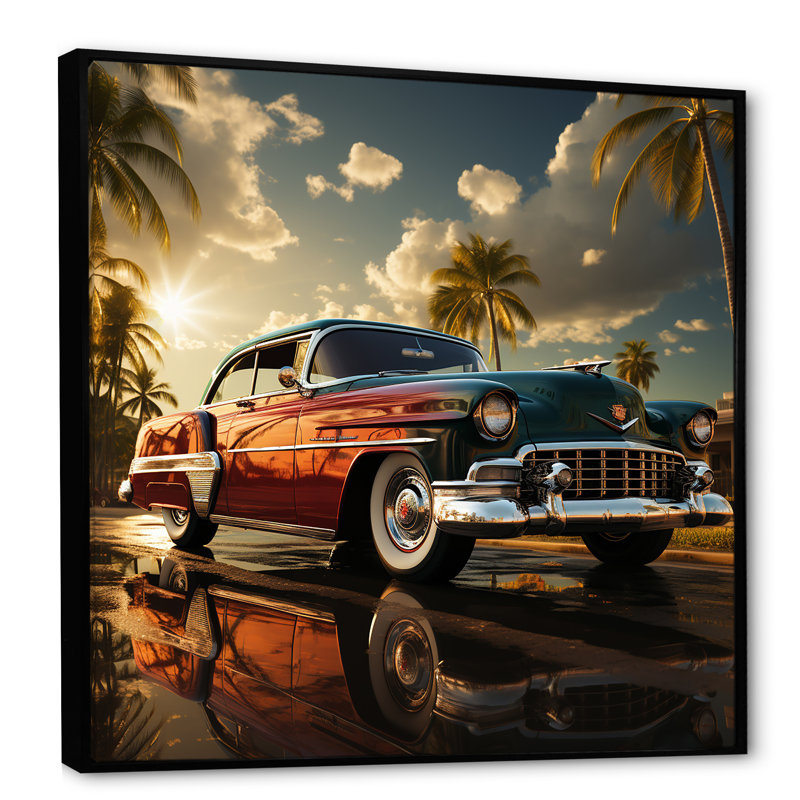 Voiture rétro classique rétro rouge I, Cadre flottant noir, H 16 po x l 16 po x P 1 po