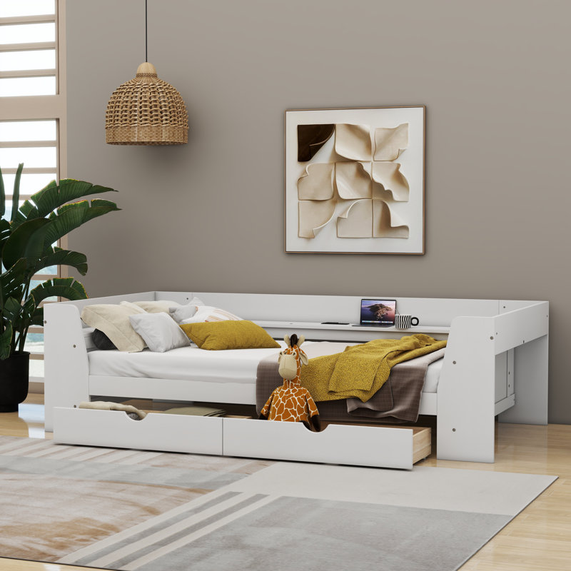 Philone Twin Size Daybed with Shelves, Drawers and Built-In Charging Station, White