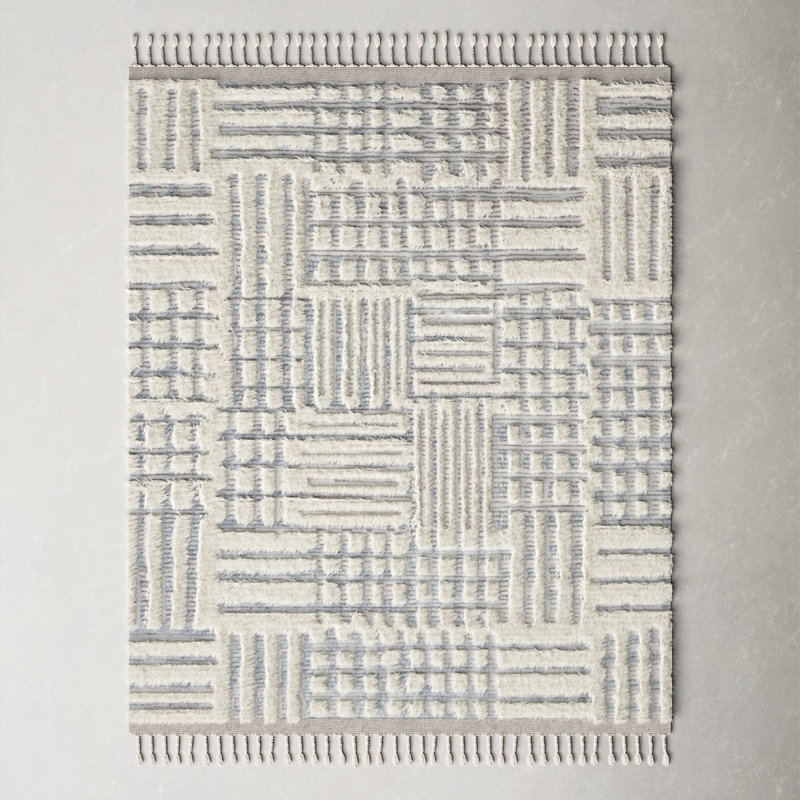 Benjamin Geometric Hand Knotted Ivory/Sky Area Rug, Rectangle 7'9" x 9'9"