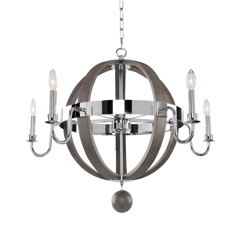 Chrome and Ash Wood 5-Light Modern Farmhouse Chandelier