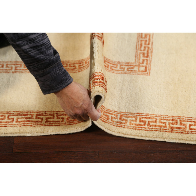 Tapis beige en laine noué à la main de conception unique 4 pi 2 po x 6 pi 3 po New Age