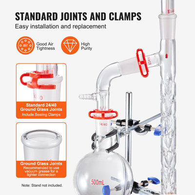 Ensemble de distillation de laboratoire, ensemble de distillation de verrerie de laboratoire 3,3 avec 24, 40 joints, ensemble d'appareil de distillation d'huile essentielle 1000 ml, ensemble de 14 pièces d'équipement de verrerie