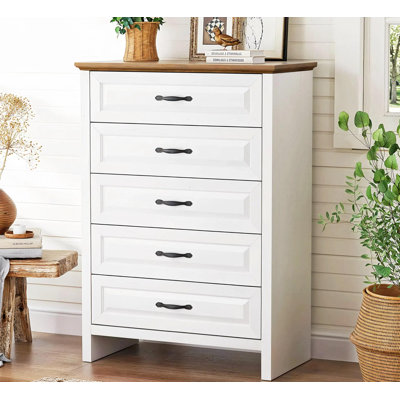Commode 5 tiroirs Farmhouse avec tiroirs de rangement larges et ensemble anti-basculement pour chambre à coucher, salon et couloir