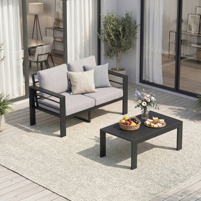 All-Aluminum Outdoor Furniture Set, 2-Person Patio Seating Group, 2-Piece Conversation Set with Thick Cushions and Coffee Table