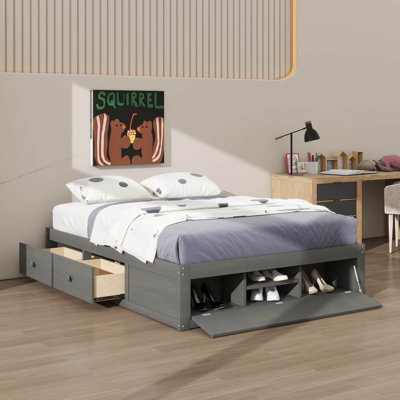 Queen Size Platform Bed Frame With Four Drawers & Hydraulic Lift Footboard Storage