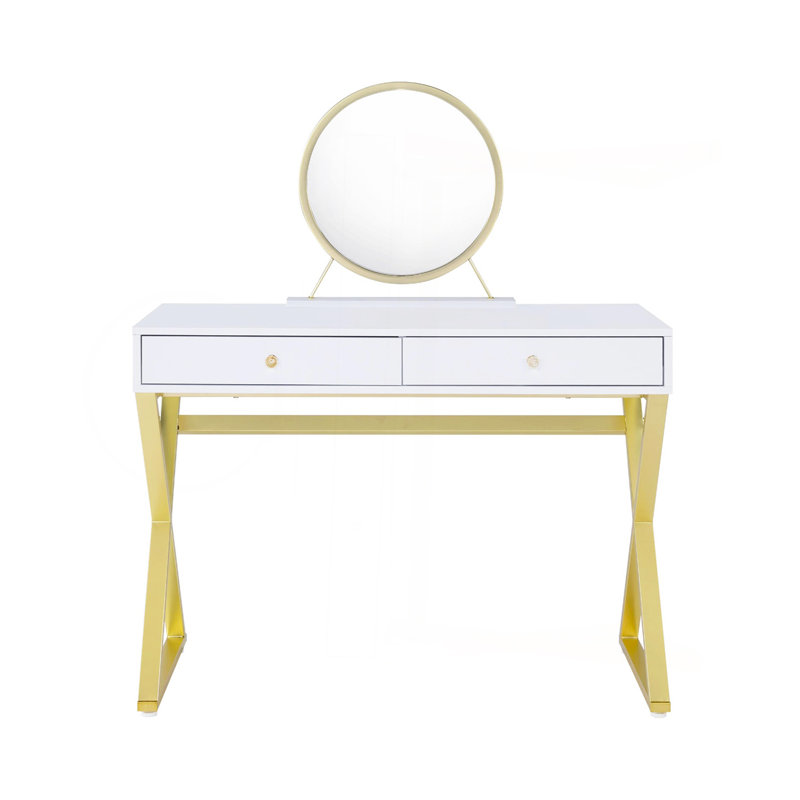 Bureau de coiffeuse rectangulaire avec miroir et plateau à bijoux, blanc et doré