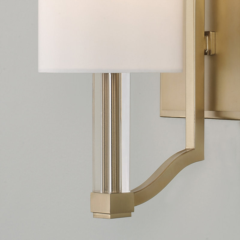 5" W x 10.25" H 1-Light Wallchiere Sconce in Matte Brass with Clear Acrylic Accents and Cylindrical White Fabric Shades