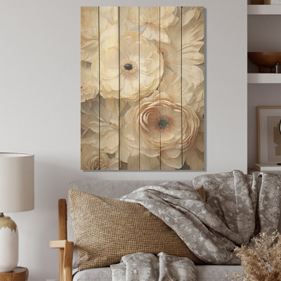 Beige Minimalism Ranunculus Dreams - Ranunculus Wood Art On Natural Pine Wood