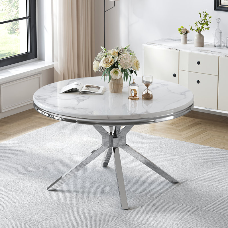 Luxurious Round Dining Table For 4-6 People,46.85”Faux Marble Top With Mirrored Stainless Steel Nest-Shape X Base, White
