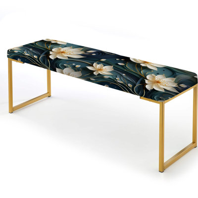 White And Gold Tranquil Lotus Zen - Botanical Upholstered Gold Bench